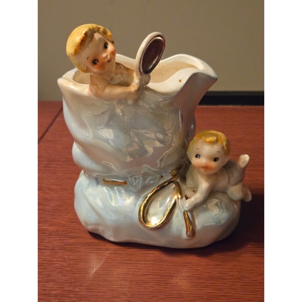 Vintage Napco Japan‎ Ceramic Cherub Baby Planter Iridescent Pearlized IL4303